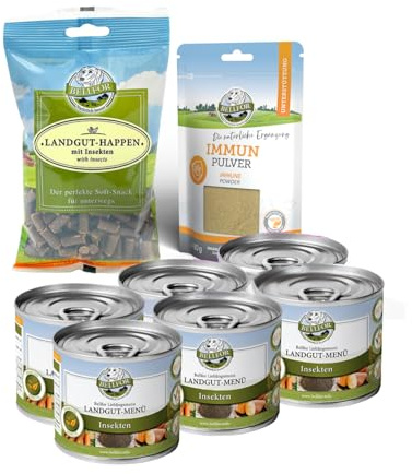 Bellfor Set Ahorro para Perros Pequeños con Leishmaniosis: Comida húmeda Landgut-Menü 6×200 g bajo en compuestos urémicos; chuches Landgut-Happen 200 g; suplemento Immun Polvo 80 g