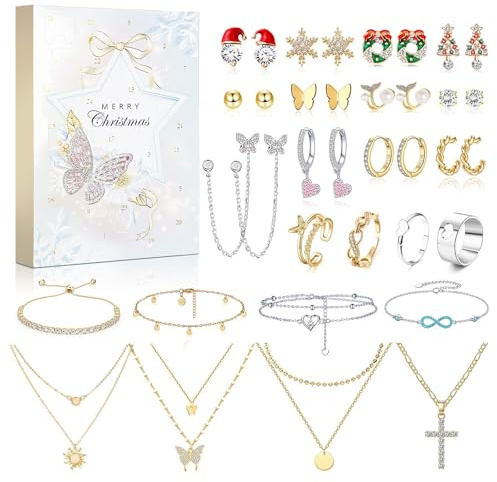 Cysincos Schmuck Adventskalender 2026 Frauen Erwachsene, Weihnachtskalender Teenager mit 24 Überraschungen Weihnachten Kette Armkette Ringe Ohrstecker