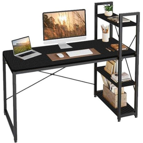 ZOLTA Loft Schreibtisch mit Regalen 120x48 cm Schwarz Stabiler Computertisch Homeoffice Arbeitstisch Gamingtisch höhenverstellbar Metallrahmen MDF Ablage Links oder rechts montierbar