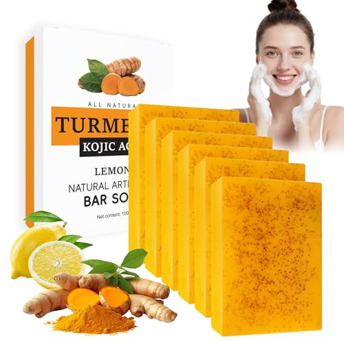 6PCS Turmeric Soap Bar, Kojic Acid Soap, Natural Handmade Kojic Soaps with Foaming Nets, Tumeric Soaps for Face Body, Acne Blackheads Dark Spot Remover, Even Skin Tone, Deep Cleansing, for Women Men
