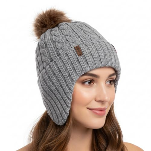 Comhats merino ull fleece fodrad öronflik varm pompom mode kallt väder beanie kvinnor, GRÅ, M