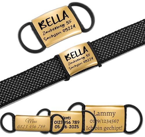 Buruslove Lautlose Hundemarke mit Gravur - Personalisierter Steck-Anhänger (Name, Telefon) - Geräuschlos Schild für Hunde, Katzen - Perfekt für Halsband und Geschirr, Vergold, L