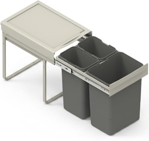 FurniFit systeme de tri des dechets encastrable pour meuble bas 40 cm, 3 compartiments 1x20 L et 2x9 L, poubelles coulissantes rails metal sortie totale, dimensions 35 x 50 x 44 cm