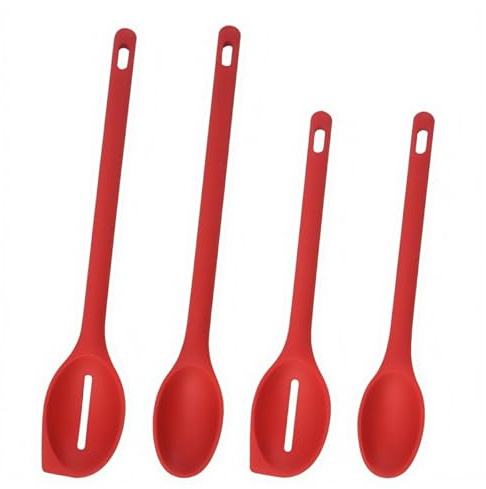 Violiica 4 cucharas de silicona con agujeros para colgar, cucharas de mezclar y servir antiarañazos para hornear y freír