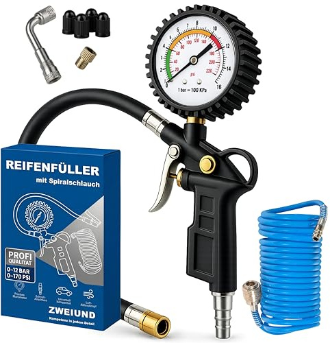 ZWEIUND Reifenfüller mit Manometer 0–16 bar – Reifendruckprüfer mit 45 cm Schlauch & Ablassventil – Reifenfüllpistole für Kompressor Auto, LKW, Motorrad, Fahrrad inkl. Adapter Set