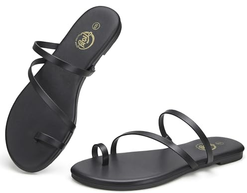 Trary Black Flat Sandals, Miami Toe Loop Strappy Sandals, Dressy Summer Flip Flops Strappy Dressy Summer Slides for Beach Travel Size 8