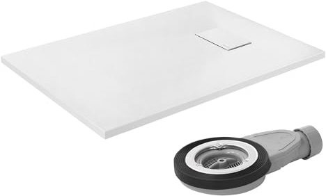 LuxeBath Piatto Doccia 100x70 cm Bianco con Set di Scarico, Extra Piatto e Robusto in SMC, Vasca Doccia Rettangolare A 30 mm, Design Effetto Ardesia con Superficie Antiscivolo, Facile Installazione