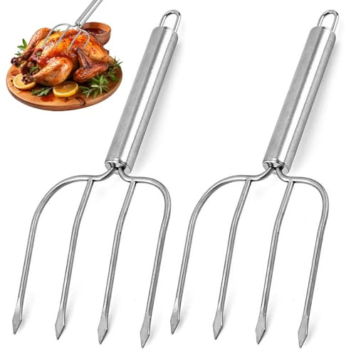 Set of 2 Turkey Baster Stainless Steel Turkey Lifter for BBQ & Roasting 4 Prong Meat Fork with Non-Slip Handle for Safe Carving & Shredding Baster, Meat Claws, Fork, Cooking, BBQ