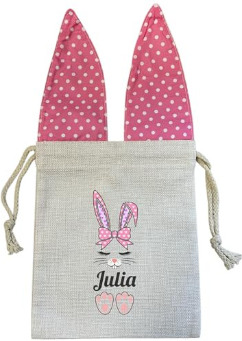 22Feels Personalisierte Ostertasche für Mädchen mit Namen – Kleines Osternest mit Hasenohren Pink – Jutetasche Osterbeutel zum Befüllen – Stoffbeutel Hasentasche für Kinder zu Ostern – ca. 24x19,5cm