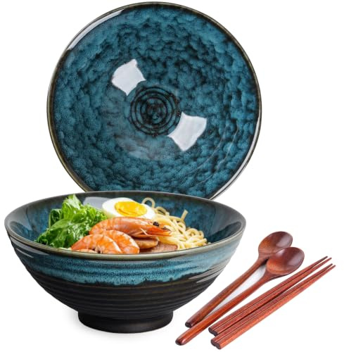 Auanlay 1200ml Ceramic Ramen Bowl Set of 2 Japanese Noodle Bowls with Spoons and Chopsticks, Nebula Blue