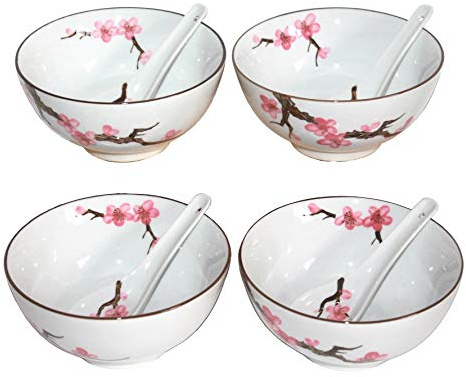 AAF Nommel ® Matcha Reisschalen 4 er Set mit 4 Löffel (8 Teile) Sakura – Kirschblüte Jumbo ø 15 cm Nr. 774