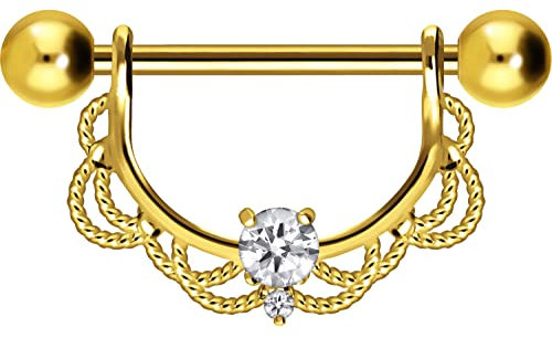 PIERCINGLINE Chirurgenstahl Nippelpiercing Barbell ORIENTALISCHES DESIGN + KRISTALL Piercing Brust Nippel Brustwarze Goldfarben 14 mm