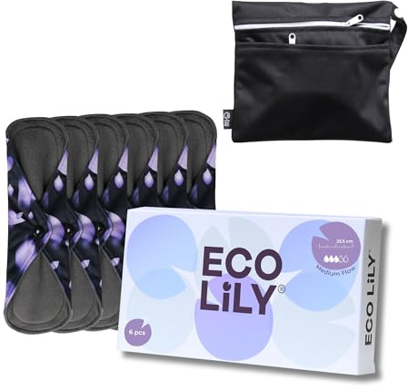 Eco Lily Compresas Reutilizables, 6 Pcs, Compresas Postparto, Salvaslips lavables para Bragas Menstruales, Medio Flujo, 1 Bolsas de Almacenamiento