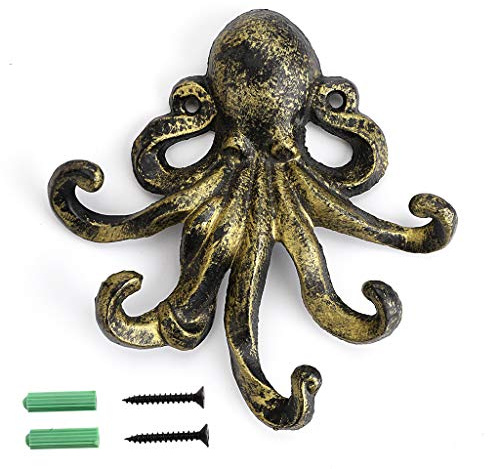 Sumnacon 6 Inch Cast Iron Octopus Decorative Coat Hook - Wall Mounted Nautical Hand Towel Rack Holder with Screws, Rustic Metal Clothing Hanger for Bedroom/Bathroom/Kitchen/Balcony, Green Bronze