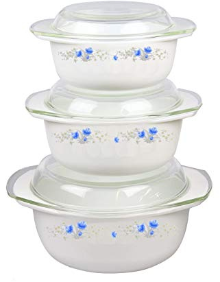 Occasions 3pc Glass Casserole Dish with Lids – 1L, 1.5L & 2.5L Round Glass Casserole Set with Lids Opal Glassware (Blue Floral)