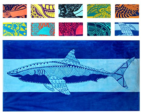 Nova Blue Shark Beach Towel – Blue with A Tropical Design, Extra Large, XL (34”x 63”) Cool Hawaiian, Navy Beach Towel with Light Blue Stripe, Made from 100% Cotton