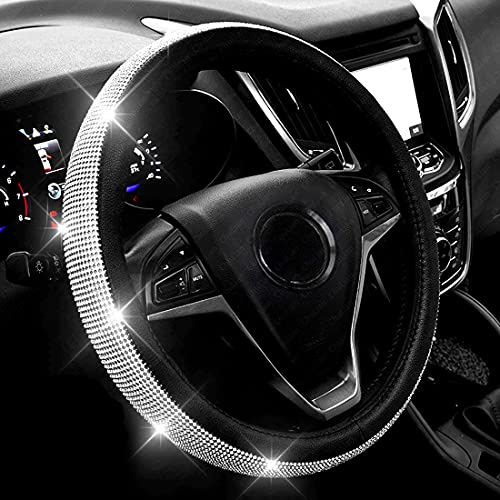 Diamond Leather Steering Wheel Cover with Bling Bling Crystal Rhinestones,Large-Size of 15 1/2 inches-16 inches Black