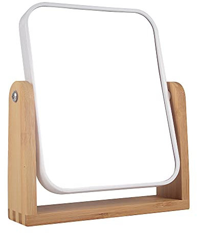 LOTIKO Espejo de maquillaje con soporte de bambú natural, aumento 1X/3X de doble cara, espejo de aumento giratorio de 360 grados, mesa de tocador, escritorio de oficina, decoración de habitación,