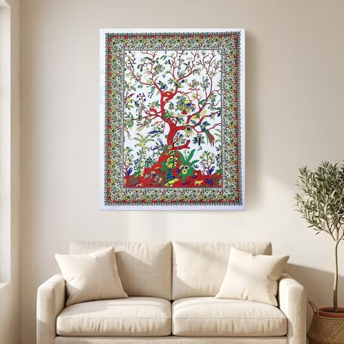 THE ART BOX Tapestry White Tree of Life Wall Hanging – Indian Cotton Poster, Small Picnic Sheet, Wall Decor, Blanket, Wall Art for Bedroom (30x40 Inch)