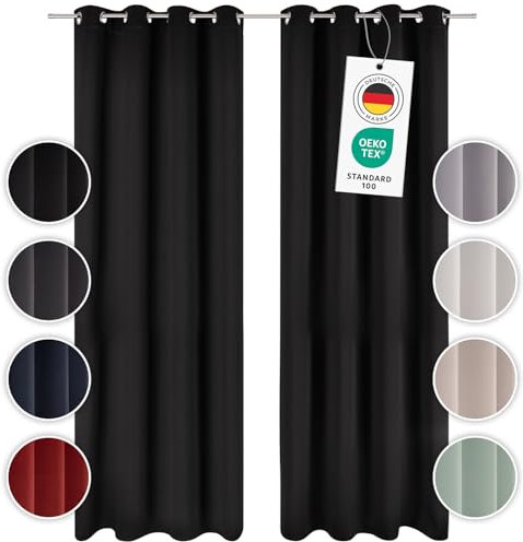Blumtal Verdunklungsvorhänge 2er Set - Thermovorhang Hitzeschutz - Vorhang Blickdicht mit Ösen - Gardinenschals mit Schlaufen - Gardinen 215x132 cm - Gardinen Schlafzimmer Schwarz