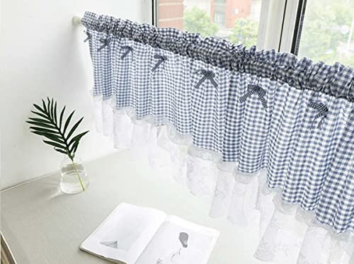 Petrol Scheibengardine Leinenoptik Landhaus,Mit Spitze Kurzstore Küchenvorhänge Fenster Bistrogardine Halbtransparent Küche Kurz Halbe Gardinen Wohnzimmer,Pastorale Art Blue,W106*H45CM