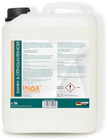 Nettoyant pour vitres de cheminée INOX® Bidon de 5 l Nettoyant pour vitres de cheminée et de poêle Le nettoyant parfait pour votre cheminée Élimine la suie, la résine de fumée, l'huile et la