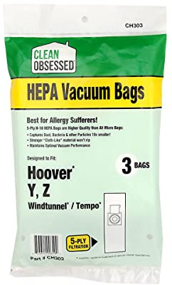 Clean Obsessed H-10 HEPA Bags Fits Hoover Type Y, Z Windtunnel & Tempo - 3 Cloth-Like HEPA Bags per package