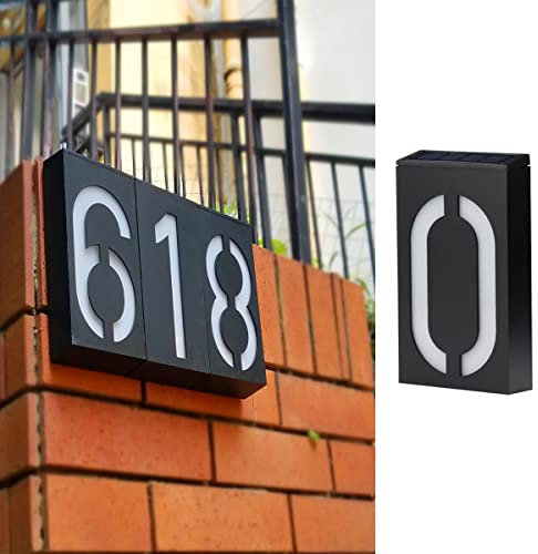 TINYOUTH Número de casa iluminado solar – Número 0, Número de puerta solar, matrícula iluminada para pared, 6 luces LED con sensor de luz, IP55, resistente al agua, buscador de casa para bricolaje