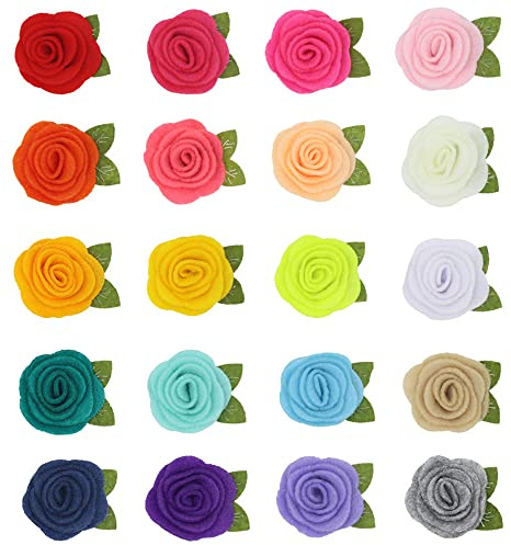 JKJF 20 rosette in feltro con foglie in feltro, fiori di rosa, fiori per fai da te, accessori per capelli, decorazioni per matrimoni, 20 colori