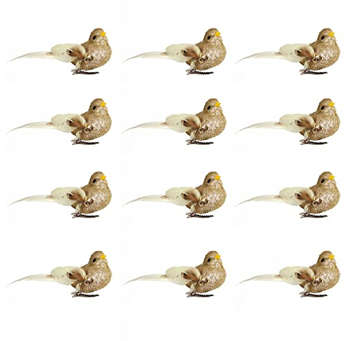 JYCRA Künstliche Glitzer-Vögel für Weihnachtsbaumschmuck, künstlicher Vogel mit Metallclip, DIY-Handwerk, Vögel, Weihnachtsbaumdekoration, Gold, 12 Stück