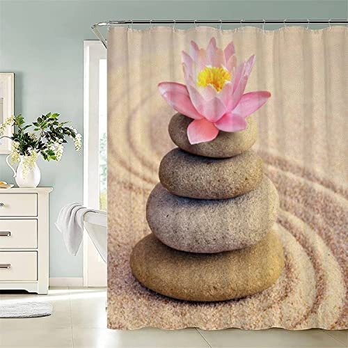KIYAYO Duschvorhang 240x200 Lang Duschvorhang Zen Stein Zen-Steine Lilien Shower Curtains Waschbar Anti-bakteriell Badezimmervorhang Polyester Badewanne Vorhang Mit 12 Duschvorhangringen