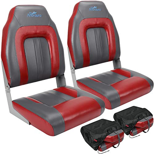 Affordura Boat Seat for Boats with 2 Storage Bags High Back Folding Boat Fold Down Seat (2 Packs), Charcoal and Red