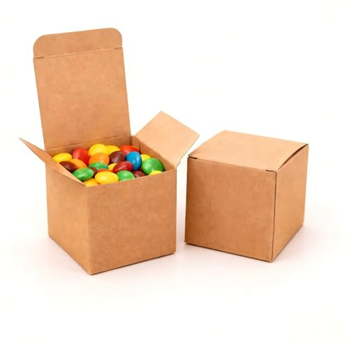 50 Stück Braune Geschenkboxen aus Kraftpapier, 5 x 5 x 5 cm mit Deckel, Faltbare Wiederverwendbare Verpackung für Hochzeit, Geburtstag, Party, Einfach Montiert fürKekse, Pralinen, Süßigkeiten