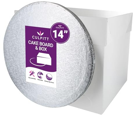 Culpitt 14 (35.5cm) Silver Cake Board & Tall White Box Set | 1.2cm Thick Board, Extra Tall White Box, 35.5 x 35.5 x 30.5cm, For 12 Sponge Cake, Easy To Assemble, Transport & Storage