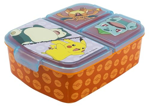 CARTOON Portamerenda Pokémon Bambini con 3 Scomparti 18x14x6 cm Lunch Box Scuola in Plastica Riutilizzabile Senza BPA Contenitore Porta Pranzo Leggero con Coperchio Rimovibile per Snack e Merenda