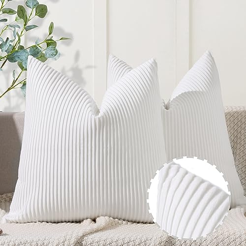 YCOLL White Pillow Covers 20x20 Set of 2 Velvet Striped Pattern - Soft Throw Pillows for Home Decor, Luxury Decorative Pillow Covers for Couch, Bed,Living Room