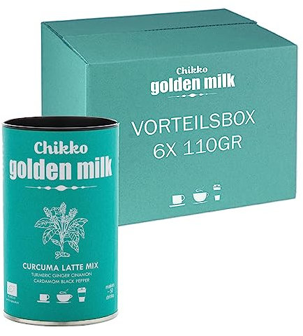 Chikko not coffee Goldene Milch Pulver 6x 110gr - BIO Mischung aus Kurkuma, Zimt, Ingwer, Kardamom & Schwarzem Pfeffer - Frei von Zucker und Milchpulver