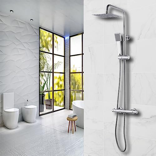 AICA ITALY Colonna Doccia con Miscelatore Termostatico, Saliscendi Doccia Regolabile 80-116cm, Soffione Doccia Anticalcare 20X20cm Acciaio Inox con Cromatura, Argento