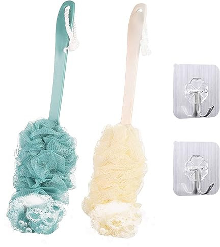 SKHAOVS 2 Stück Duschbürste mit Langem Stiel Badeschwamm, Rückenbürste Mesh Badebürste für Rücken, Badewäscher Peeling Massage Schwammbürsten für Damen und Herren