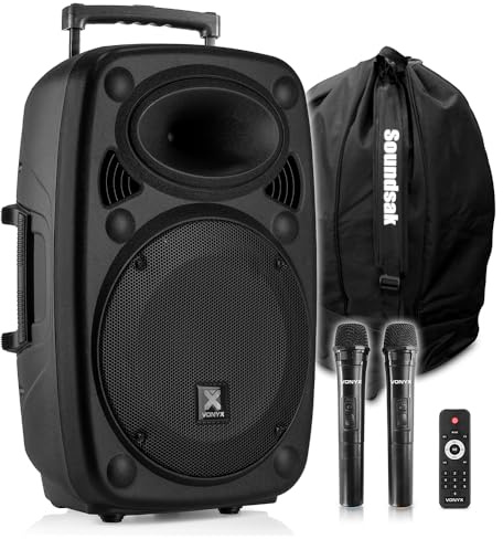 VONYX Verve38 12 Portable PA System with Dual Wireless Microphones, Speaker Bag, Bluetooth, USB MP3 Player & Rechargeable Battery – 800W Outdoor Speaker Kit for Events & Fitness Classes