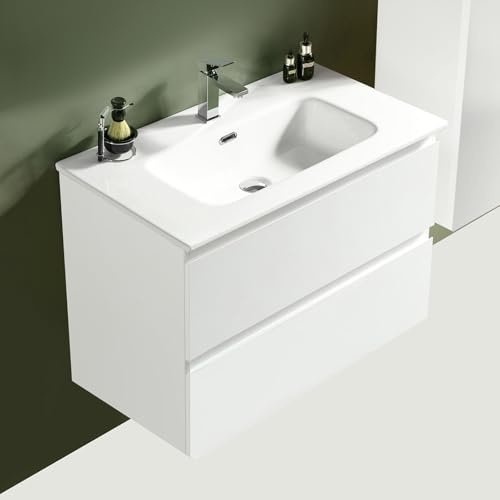 Alpenberger Waschbecken mit Unterschrank 80 cm Breit | Waschtisch Weiß für Gäste WC und Badezimmer | Waschbeckenunterschrank mit Schubladen | Badmöbel Hängend & Keramik Aufsatzwaschbecken