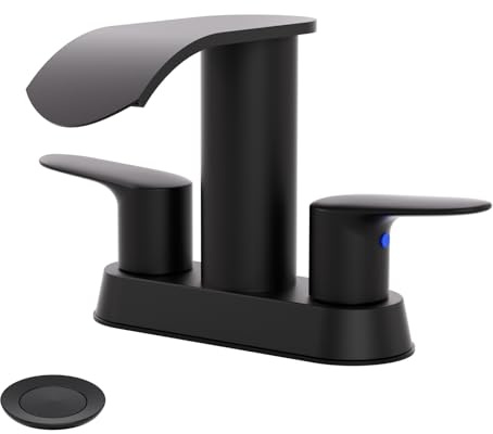WOWOW Waterfall Bathroom Sink Faucet,Matte Black Two Handles Bathroom Faucet with Metal Pop up Sink Drain Stopper, 2 or 3 Holes Bathroom Basin Lavatory Mixer Tap with Deck Mount Plate
