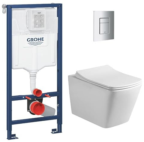 WC Suspendu Pack Complet Accessoires - Pack WC Grohe Bâti-support, WC sans bride Infinitio Design, Abattant softclose, Plaque chrome, Abattant WC,Cuvette Toilette, Chasse d'eau Wc, Mécanisme