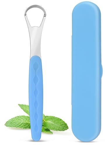 Milifox Raspador Lingual MetáLico para Adultos Y NiñOs,Limpiadores de Lengua de Acero Inoxidable Con Estuche,Portátil de Viaje,Limpieza Profunda,Mantiene el Aliento Fresco,Azul Claro