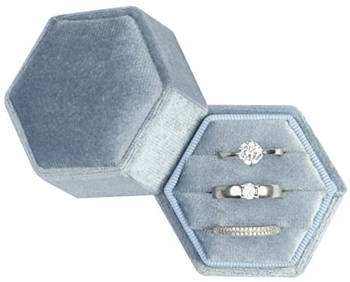POKOFO Equal Sechseckige Samt-Ringbox mit 3 Fächern für Hochzeit, Zeremonie, Antrag, Verlobung, Geburtstag, Helles Ozeanblau