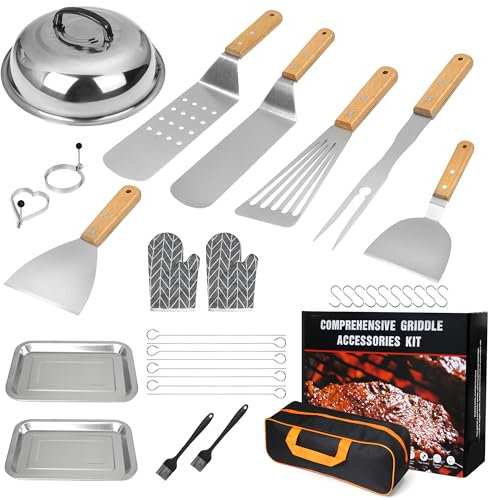 RUINENGDA Set Barbecue Professionale In Acciaio Inox, Kit Utensili Barbecue con Borsa Facile da Trasportare, Accessori Barbecue per Blackstone e gas (34PCS)