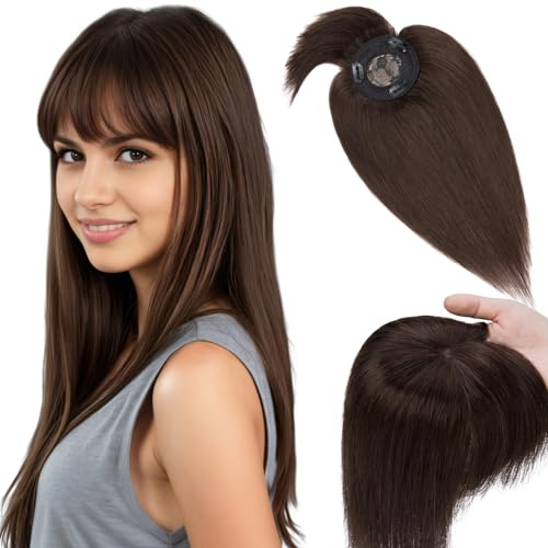 Elailite Hair Topper Echthaar, Toupet Damen mit langem Pony, Clip in Haarteil, Haartopper Basis 10x10cm (keine Zeile), 50cm #2 Dunkelbraun