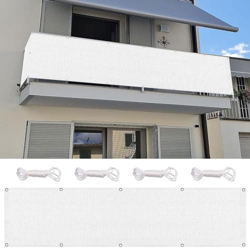 Brise Vue Balcon 115 x 200 cm Protection Contre Soleil, Vent, UV Habillage de Balcon avec Œillets Cordons pour Jardin Balcon, Blanc