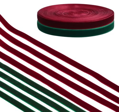 WANDIC 2 Stück Samtbands, Rot und Grün Schleifenband Weihnachten, 9.14m*1cm pro Rolle, Einseitig Velvet Ribbon Vintage Geschenkbänder Weihnachten Samtbänder für Hochzeit Blumenstrauß Dekoration
