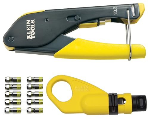 Klein Tools 80163 Kit de sertissage de câble coaxial avec pince à sertir à compression VDV, dénudeur radial et 10 connecteurs F à compression universels